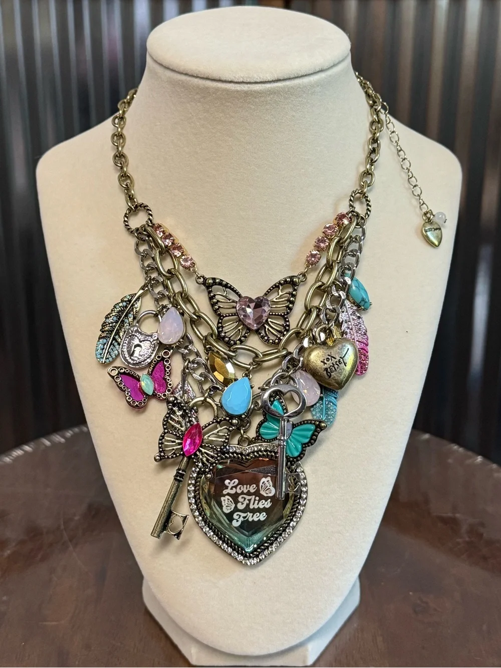 BETSEY JOHNSON Multi-Layer Butterflies Keys Heart Pendant Charm Necklace